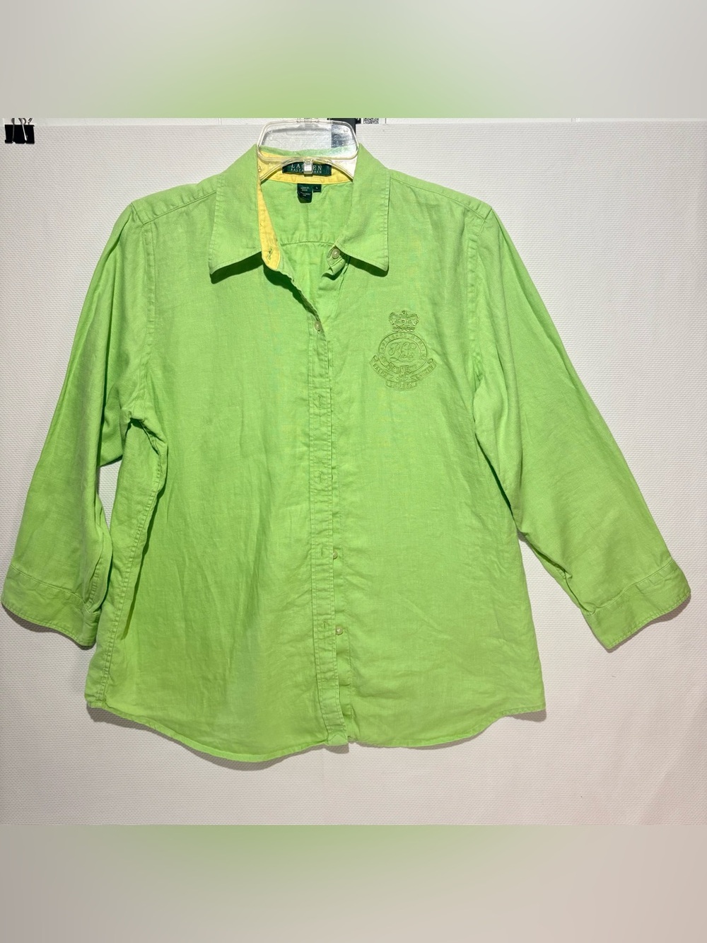 Lauren Ralph Lauren Lime Green Linen Button Down Shirt Crest Logo